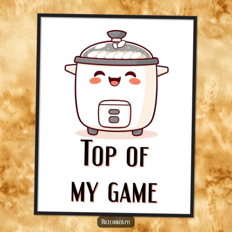 Funny poster of a laughing rice cooker with a single grain of rice balanced on its spout, perfect for cheerful decor.