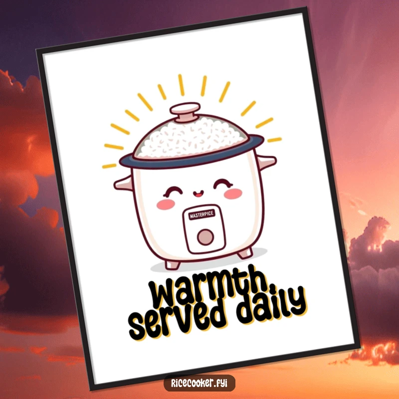 Funny poster of a smiling rice cooker radiating warm energy, happy and humorous wall art for a welcoming atmosphere.