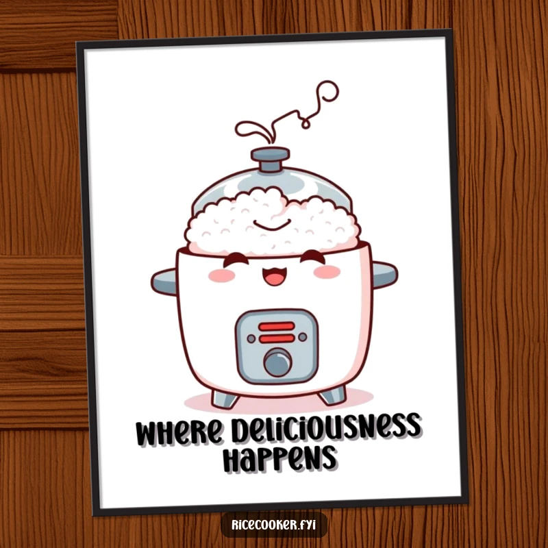 Funny poster depicting a mischievous rice cooker emitting a puff of contented steam, humorous kitchen wall art for a cheerful vibe.