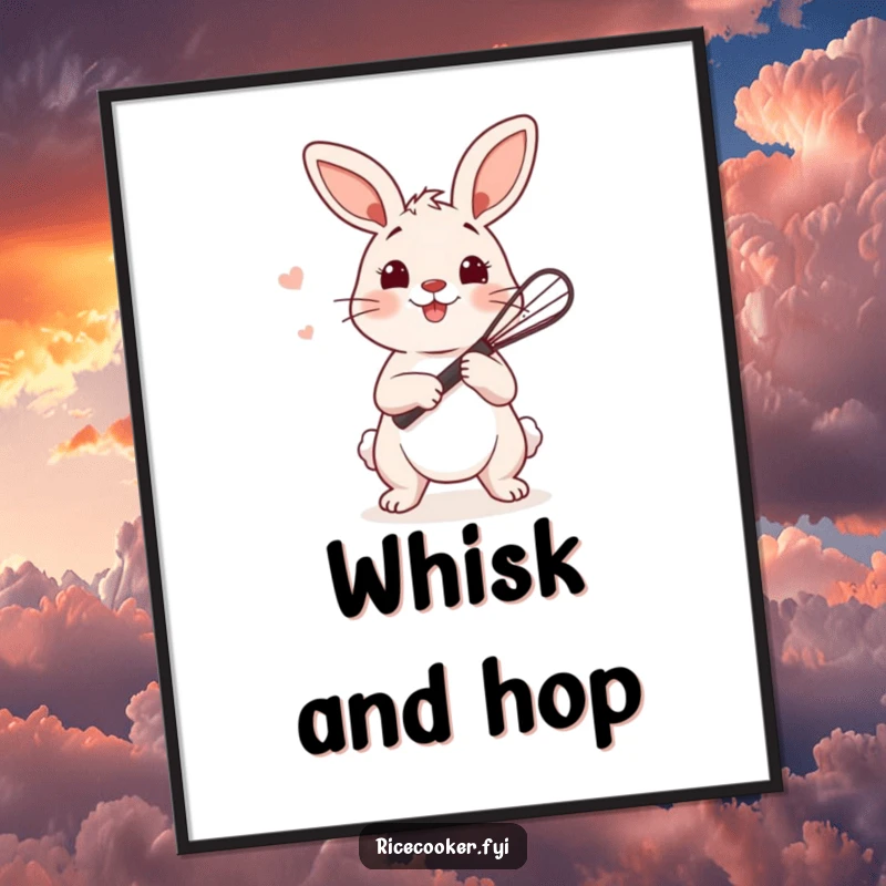 Funny bunny poster featuring a playful bunny holding a tiny whisk, ready to stir rice, adding whimsical charm.