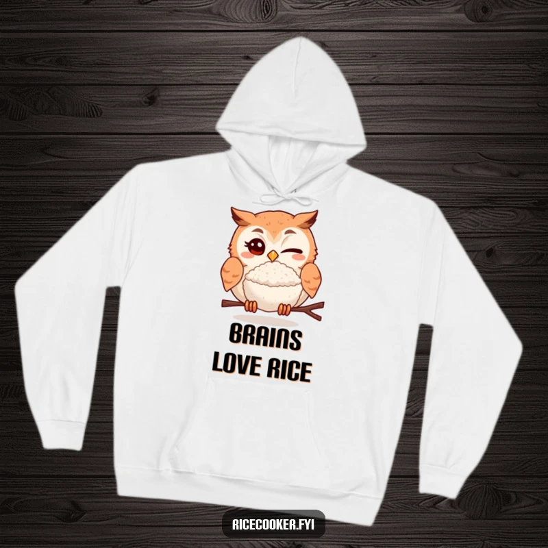 Funny hoodie depicting a winking owl offering a delicious rice ball, a humorous design for cold days and warm laughs.