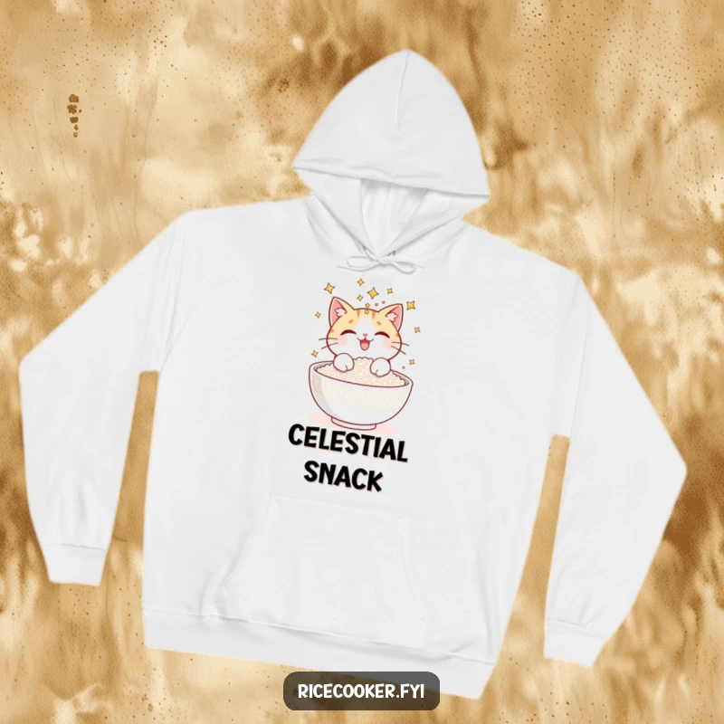 Funny hoodie featuring a delighted cat sprinkling glowing stars onto a bowl of perfectly cooked rice, a celestial culinary creation.