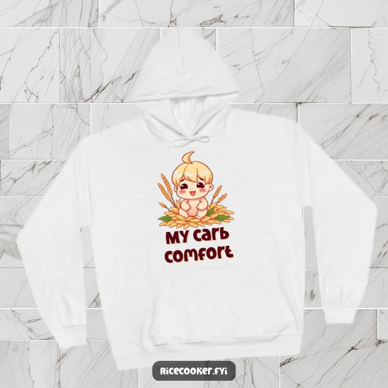 Funny hoodie featuring a cheerful character sitting happily surrounded by perfectly cooked grains, symbolizing comfort food bliss.