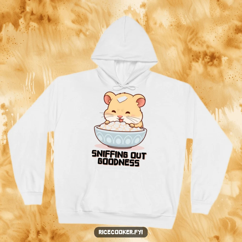 Funny hamster hoodie, joyfully sniffing a steaming bowl of rice, soft and warm, perfect for comfort food lovers, adorable pet graphic.