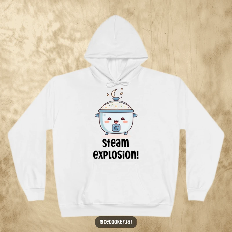 Funny rice cooker hoodie, happy appliance bouncing with steam erupting, cozy energetic wear gift.