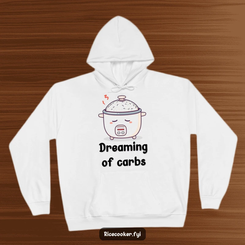 Funny warm hoodie showcasing a sleepy rice cooker, dreaming of delicious rice, ideal for casual wear and relaxation.