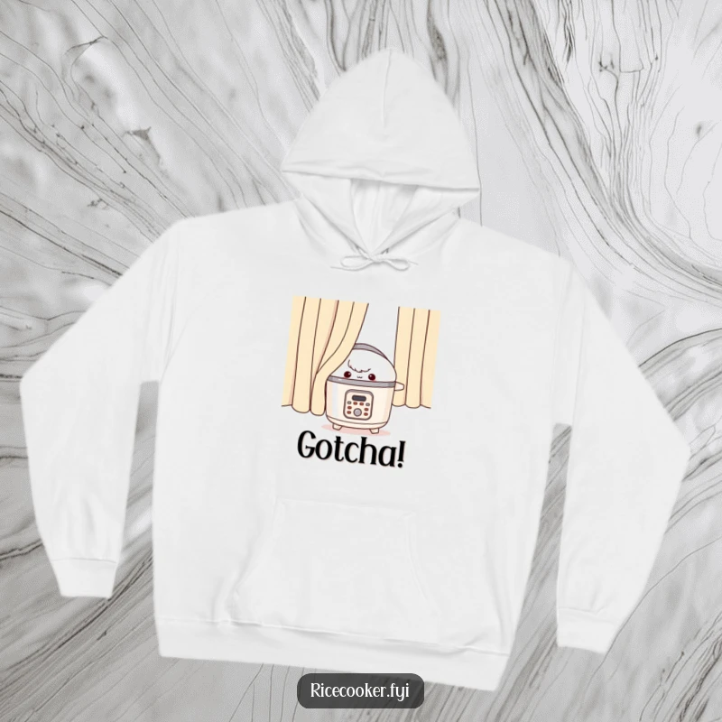 Funny rice cooker hoodie, appliance peeking with mischievous eyes from behind a curtain, cozy prank wear.