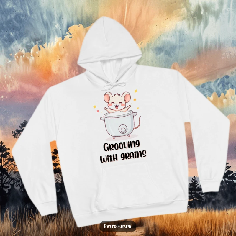 Funny mouse hoodie, dancing energetically around a steaming rice cooker, soft and warm, perfect for kitchen lovers and dancers, celebratory apparel.