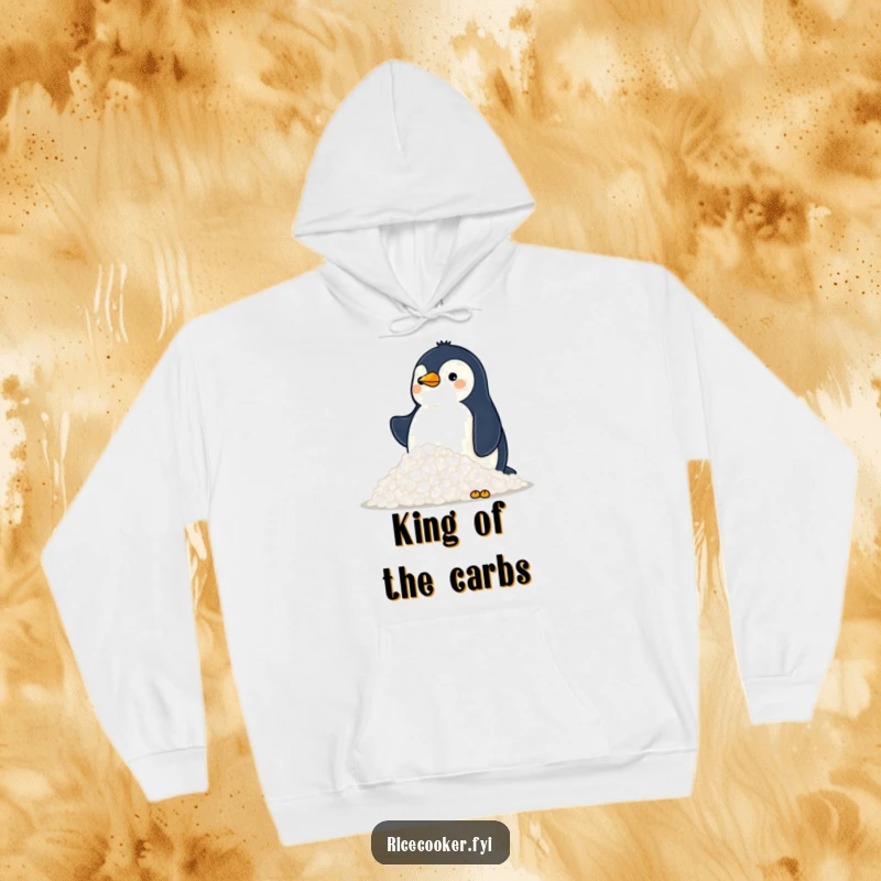 Funny hoodie with a proud penguin surveying a giant mountain of fluffy rice, designed for comfort and hearty laughs.