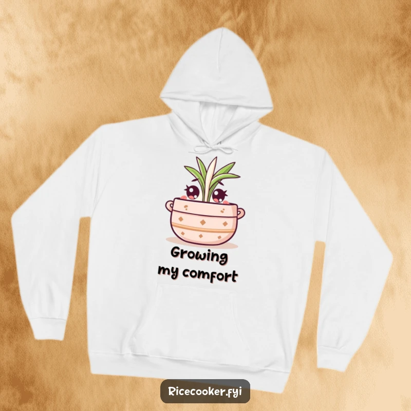 Funny hoodie featuring a cute pot character with wide eyes, watching a rice sprout grow, offering comfort and garden whimsy.
