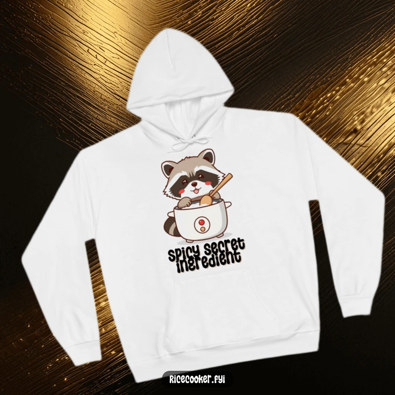 Funny hoodie depicting a sneaky raccoon tapping a rice cooker with a wooden spoon, plotting its next delicious move.