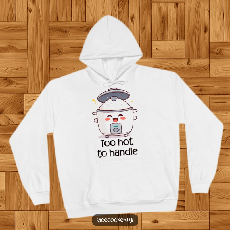 Funny hoodie featuring a grinning rice cooker with its lid popping open in surprise, offering comfort and culinary humor.