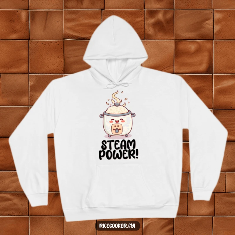 Funny rice cooker hoodie, round character popping open with steam, cozy kitchen apparel gift.