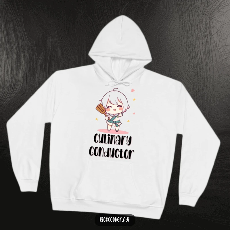 Funny hoodie with a character comically spinning a rice paddle like a tiny baton, great for cozy culinary performance vibes.