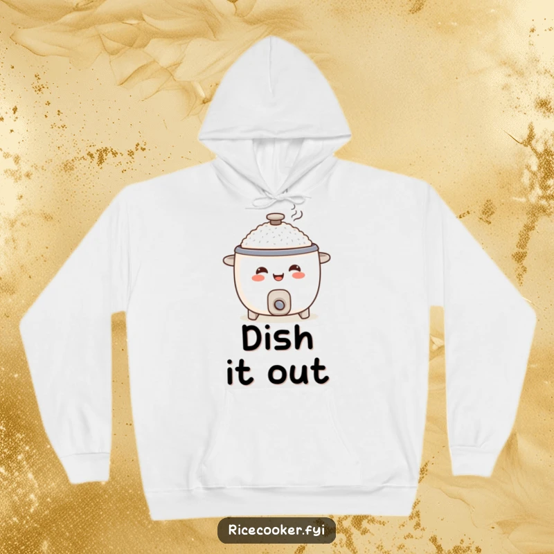 Funny rice cooker hoodie, smiling appliance character serving food, cozy kitchen apparel gift.