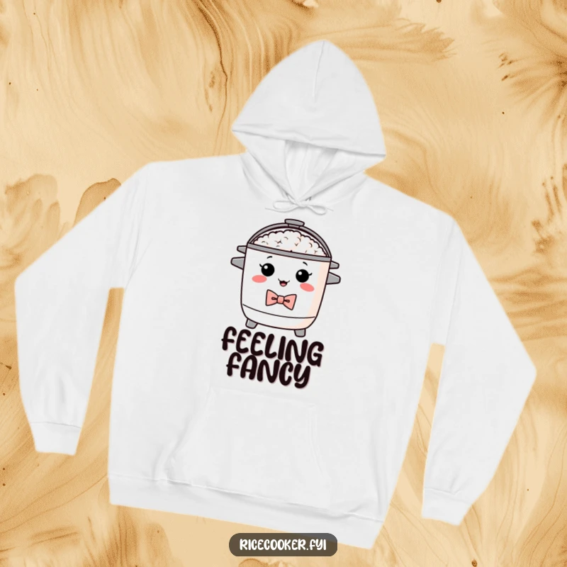 Funny hoodie featuring a proud rice cooker sporting a neat bow tie. Cozy and humorous, a perfect funny gift.