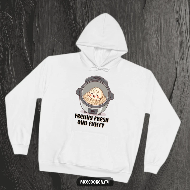 Funny giggling rice grain character enjoys a playful roll inside a clean cooker on a cozy hoodie.