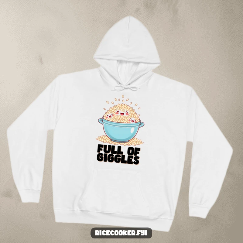 Funny overflowing rice hoodie showcasing a cheerful pot of rice with tiny, laughing grain faces, symbolizing overflowing happiness.