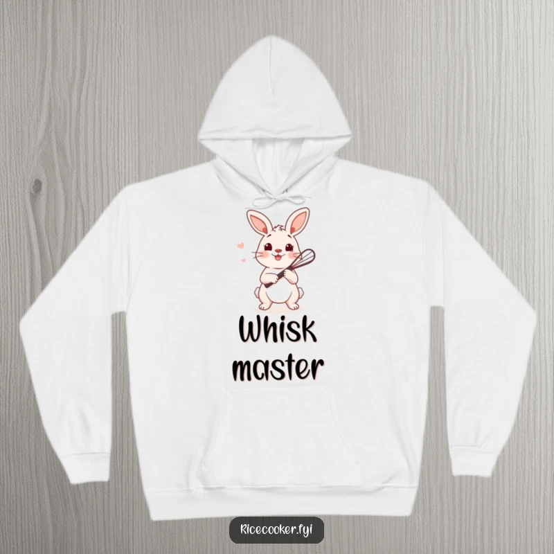 Funny bunny hoodie featuring a playful bunny holding a tiny whisk, ready to stir rice, perfect for cozy cooking.