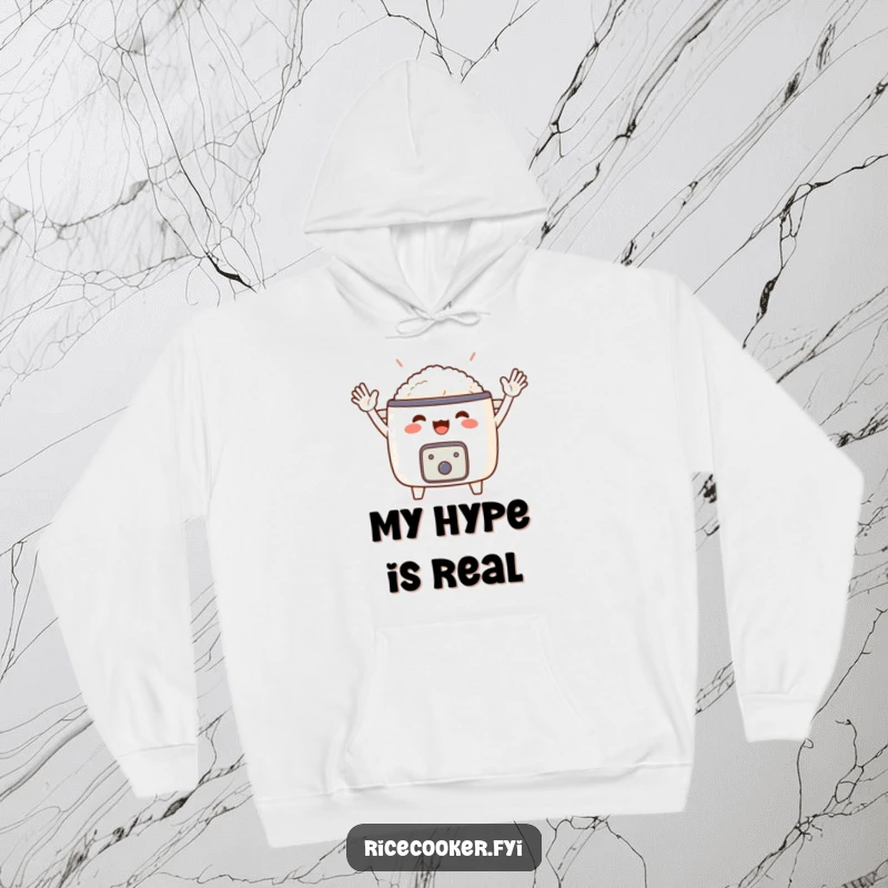 Funny hoodie print of a beaming rice cooker with tiny arms giving an enthusiastic wave. Perfect cozy and funny gift for appliance lovers.