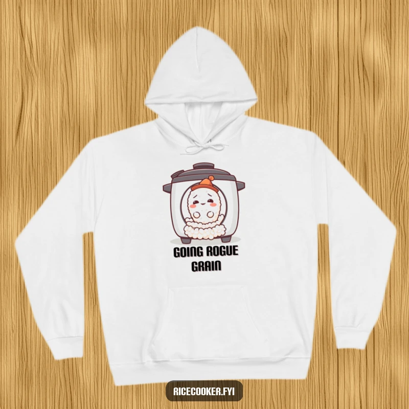 Funny confused rice grain hoodie showing a small, bewildered rice grain with a tiny hat rolling out of a rice cooker.