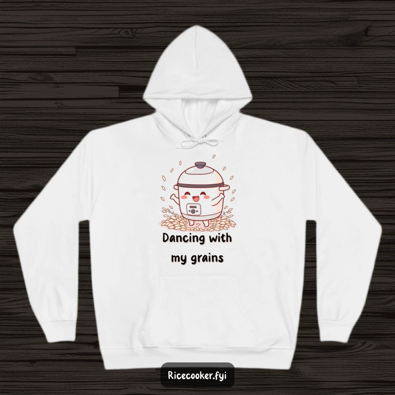 Funny hoodie depicting a lively rice cooker character in a joyful dance pose, surrounded by rice grains.
