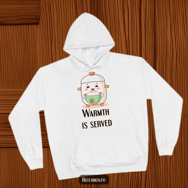 Funny hoodie showcases a happy rice cooker with a welcoming gesture, offering a steaming bowl, providing warm comfort and hospitality.