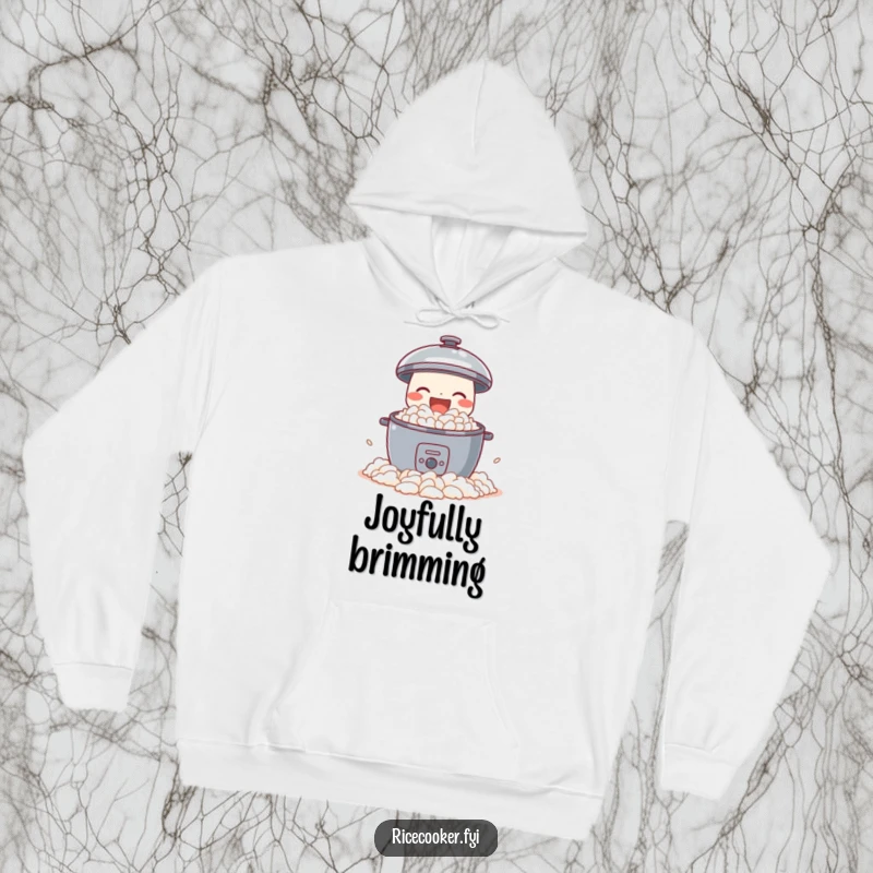 Funny hoodie featuring a delighted rice cooker joyfully spilling perfect fluffy rice, offering cozy comfort and humorous kitchen abundance.