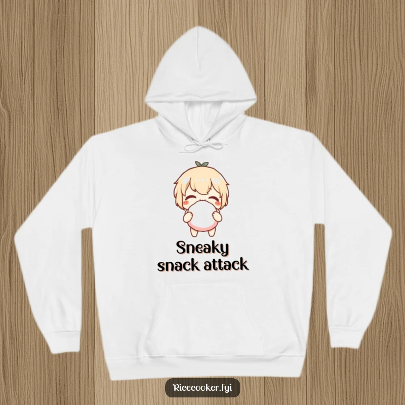 Funny hoodie showing a character winking cheekily while holding a delectable rice ball, offering warmth and playful style.