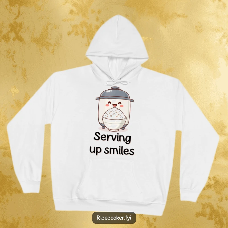 Funny rice cooker excitedly offering fluffy rice, providing cozy warmth and a symbol of culinary comfort in a stylish hoodie.