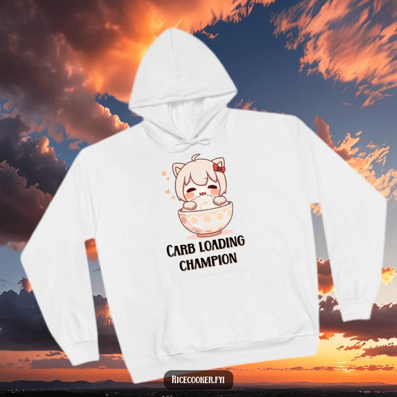 Funny hoodie featuring a character blissfully hugging a large steaming bowl of rice, radiating warmth and happiness in a cozy design.