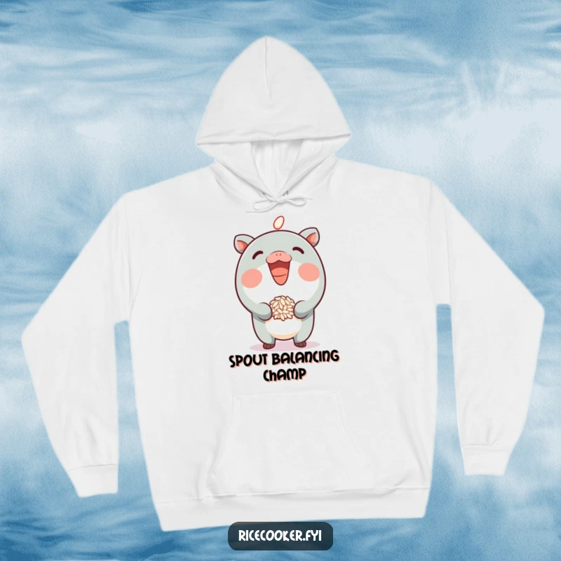 Funny Hoodie with a grinning cartoon character expertly balancing a single grain of rice on its spout, showcasing playful skill and humor.