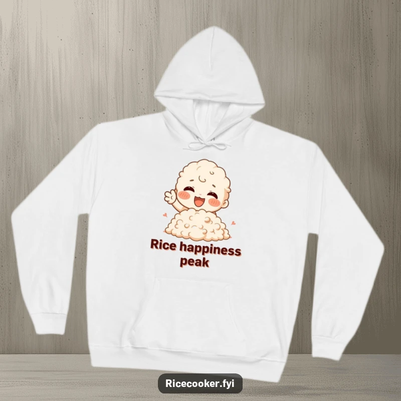 Funny Hoodie with a character joyfully gesturing towards a fluffy mound of rice, perfect for cozy foodies and humor lovers.