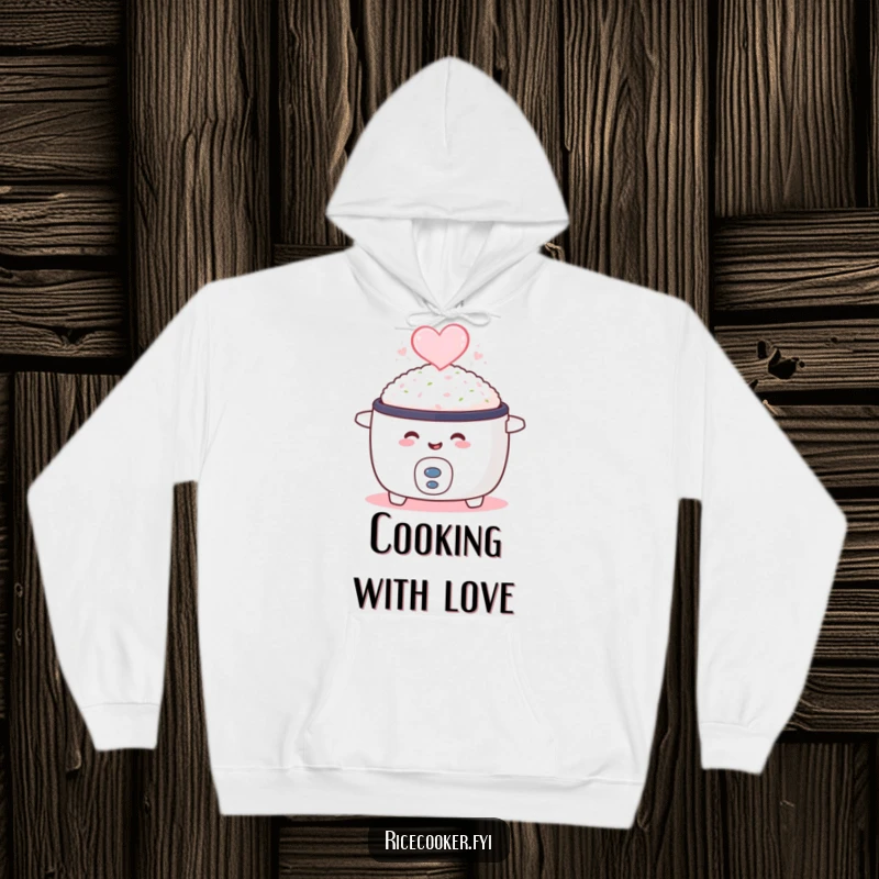 Funny hoodie showing a smiling rice cooker with heart-shaped steam, perfect for cozying up and culinary warmth.