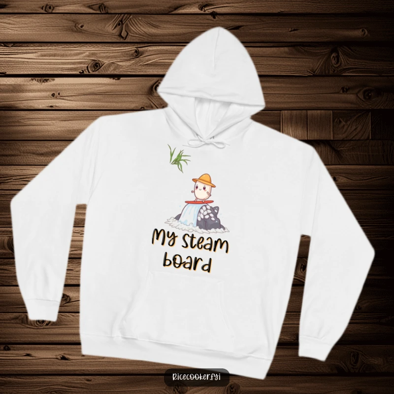 Funny hoodie adorned with a tiny-hatted rice grain bravely surfing a vibrant steam waterfall, showcasing anime-inspired daring.