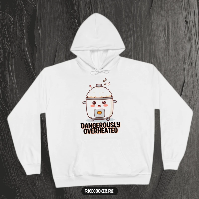 Funny surprised rice cooker hoodie with smoke effect, illustrating a comical cooking mishap and providing cozy humor.