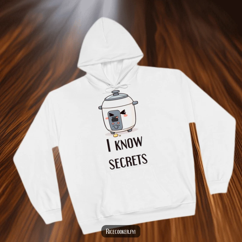 Funny hoodie featuring a sly rice cooker that’s winking, with a dropped grain of rice. A cozy and humorous funny gift.