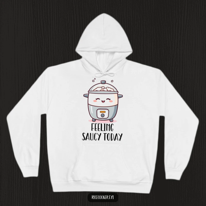 Funny hoodie featuring a rice cooker playfully winking with a puff of steam, offering cozy comfort and humorous kitchen vibes.
