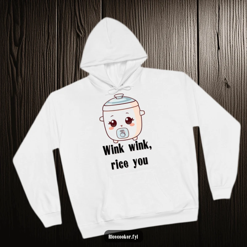Funny hoodie with a small rice cooker character, wide eyes, and a mischievous wink.
