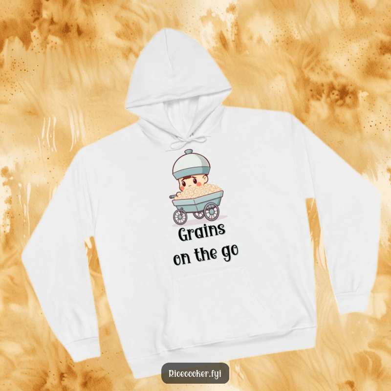 Funny hoodie showcases a determined rice cooker pushing a cart brimming with rice, offering warm encouragement and focus.