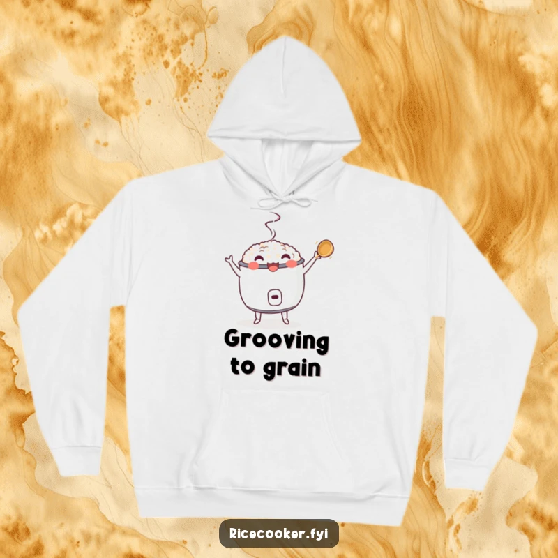 Funny hoodie featuring a dancing rice cooker with an enthusiastically twirling ladle, offering cozy comfort and humorous kitchen vibes.
