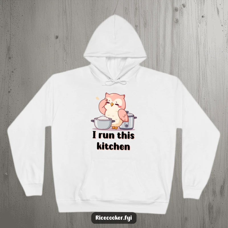 Funny owl hoodie showing a sweaty owl next to a rice cooker, a humorous depiction of kitchen challenges and culinary stress.