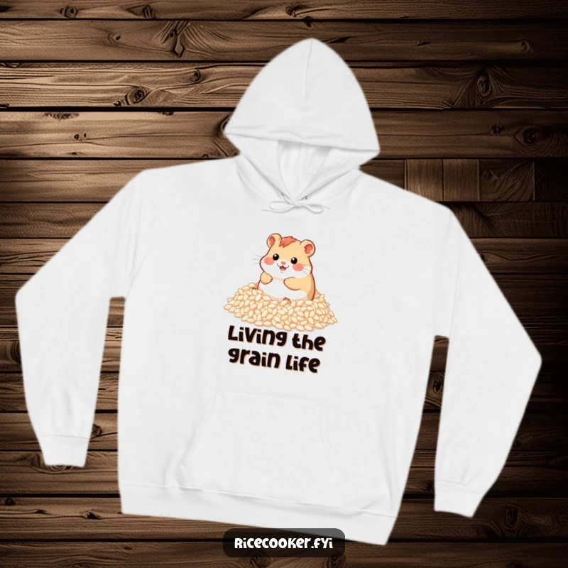 Funny hoodie depicting an overjoyed hamster blissfully rolling around in a massive pile of fluffy rice grains, a scene of pure delight.