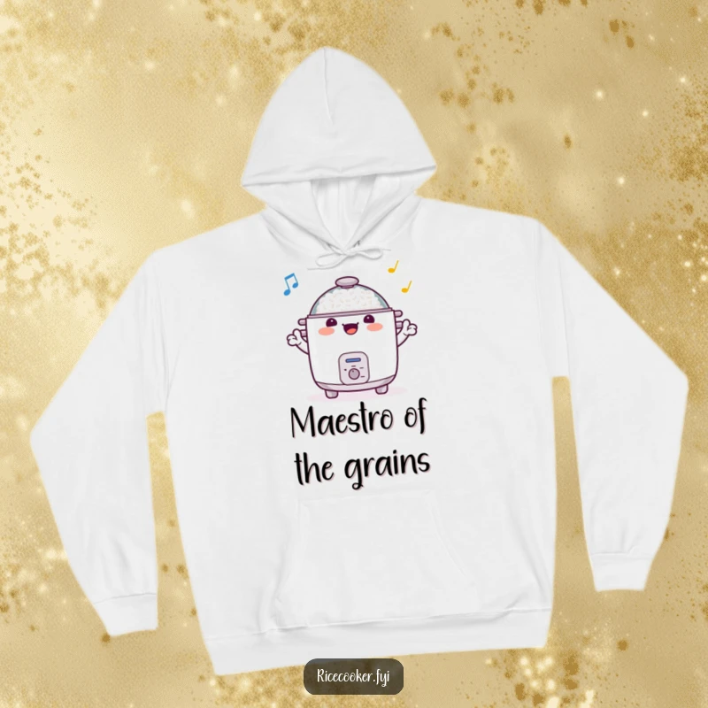 Funny hoodie showcasing a happy rice cooker conducting an imaginary symphony with its arms, a warm and musical clothing item.