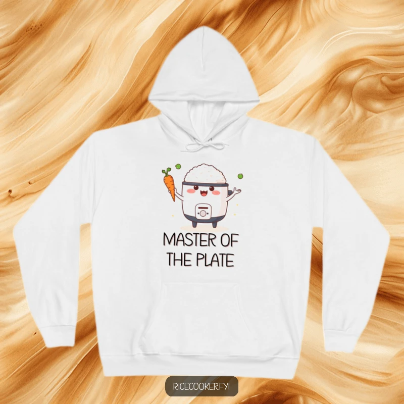 Funny hoodie with a happy rice cooker juggling a carrot and a pea, perfect for cozy moments and kitchen humor.