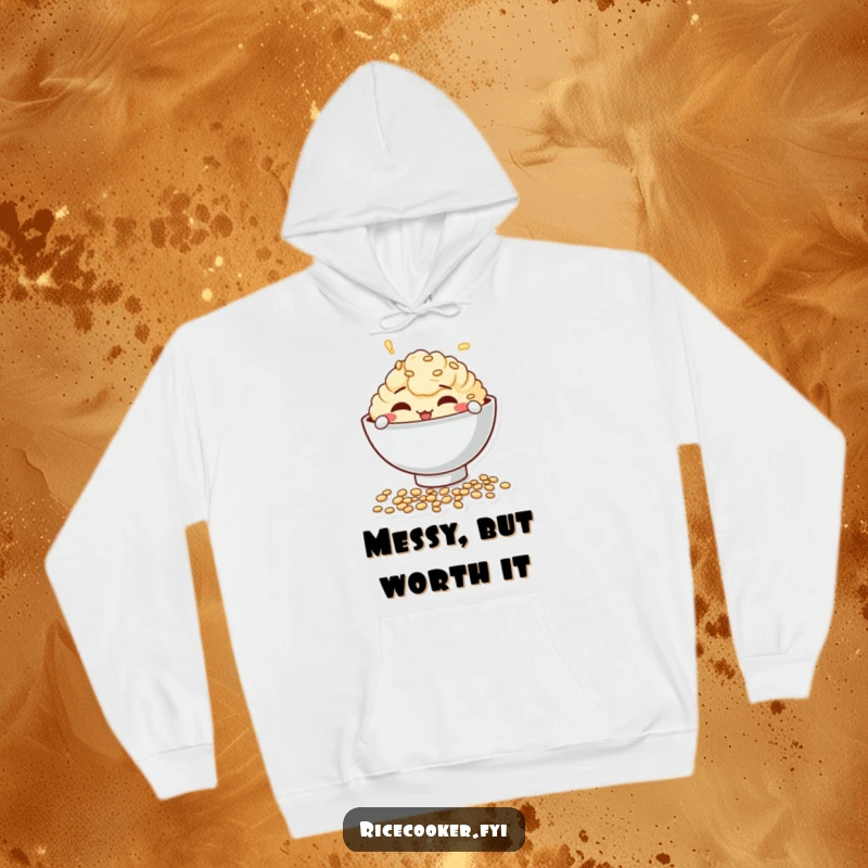 Funny hoodie featuring a mischievous bowl character playfully spilling uncooked grains, ideal for cozy kitchen vibes.