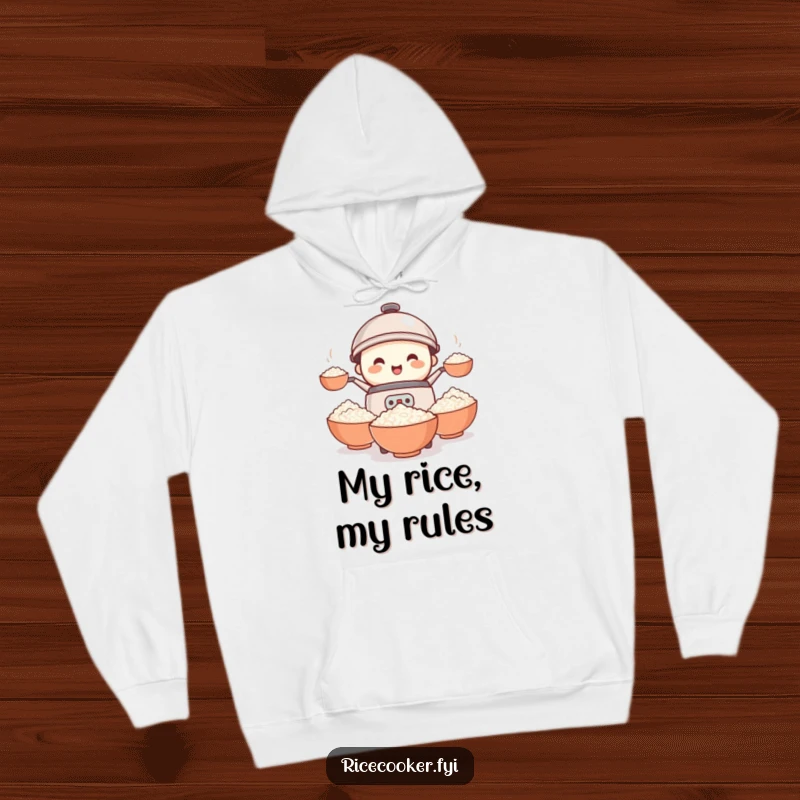 Funny rice cooker hoodie featuring a small, smiling character in the midst of a frantic, comedic juggling act with rice bowls.