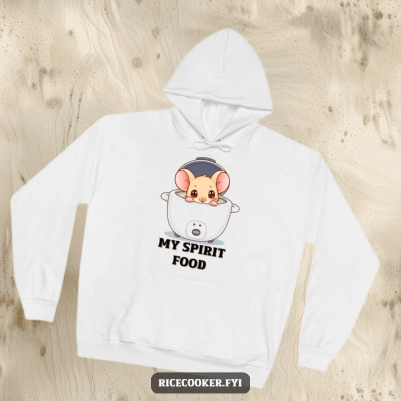 Funny mouse peeking with wide eyes into a rice cooker, depicted on a cozy hoodie, delightful and amusing.