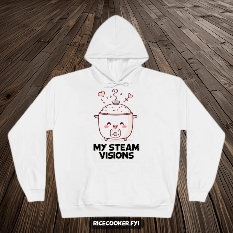 Funny whimsical steam hoodie showcasing a smiling rice cooker with steam artfully forming delightful and imaginative shapes above it.