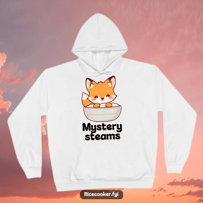 Funny fox hoodie featuring a curious fox peeking out from behind a steaming rice lid, ideal for cozy mystery lovers.